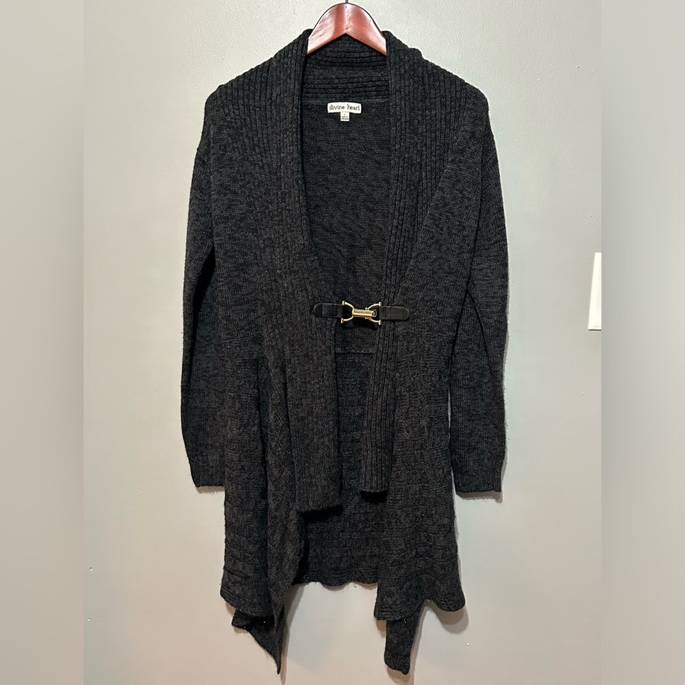 Divine Heart Cardigan Sweater Open Front Gold Closure Long Sleeve Black/Gray L
